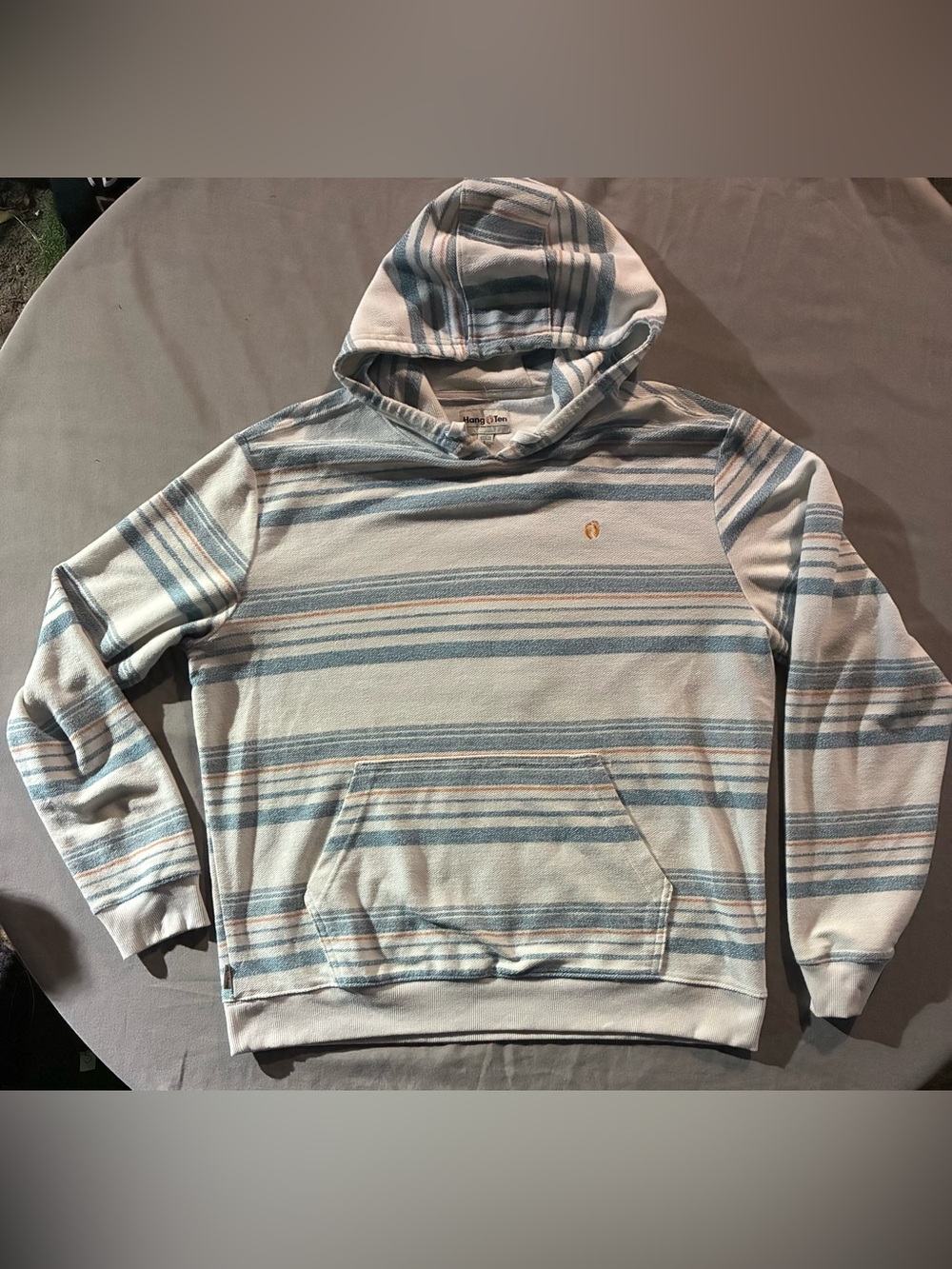 Hang Ten Striped Hooded Pullover in Light Blue and Cream